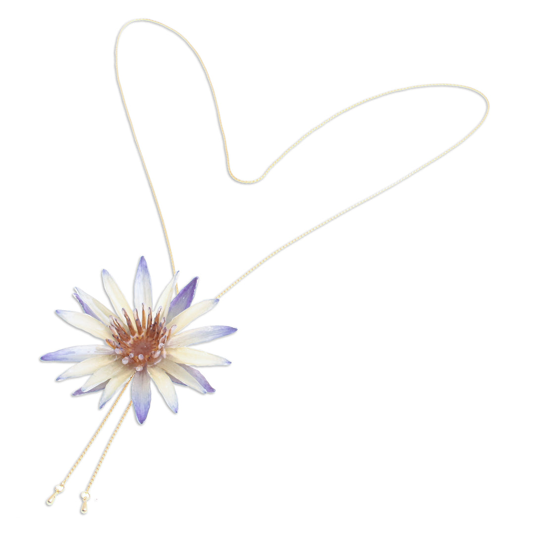 Natural Water Lily Lariat Necklace with Gold-Plated Chain - Chic Water Lily
