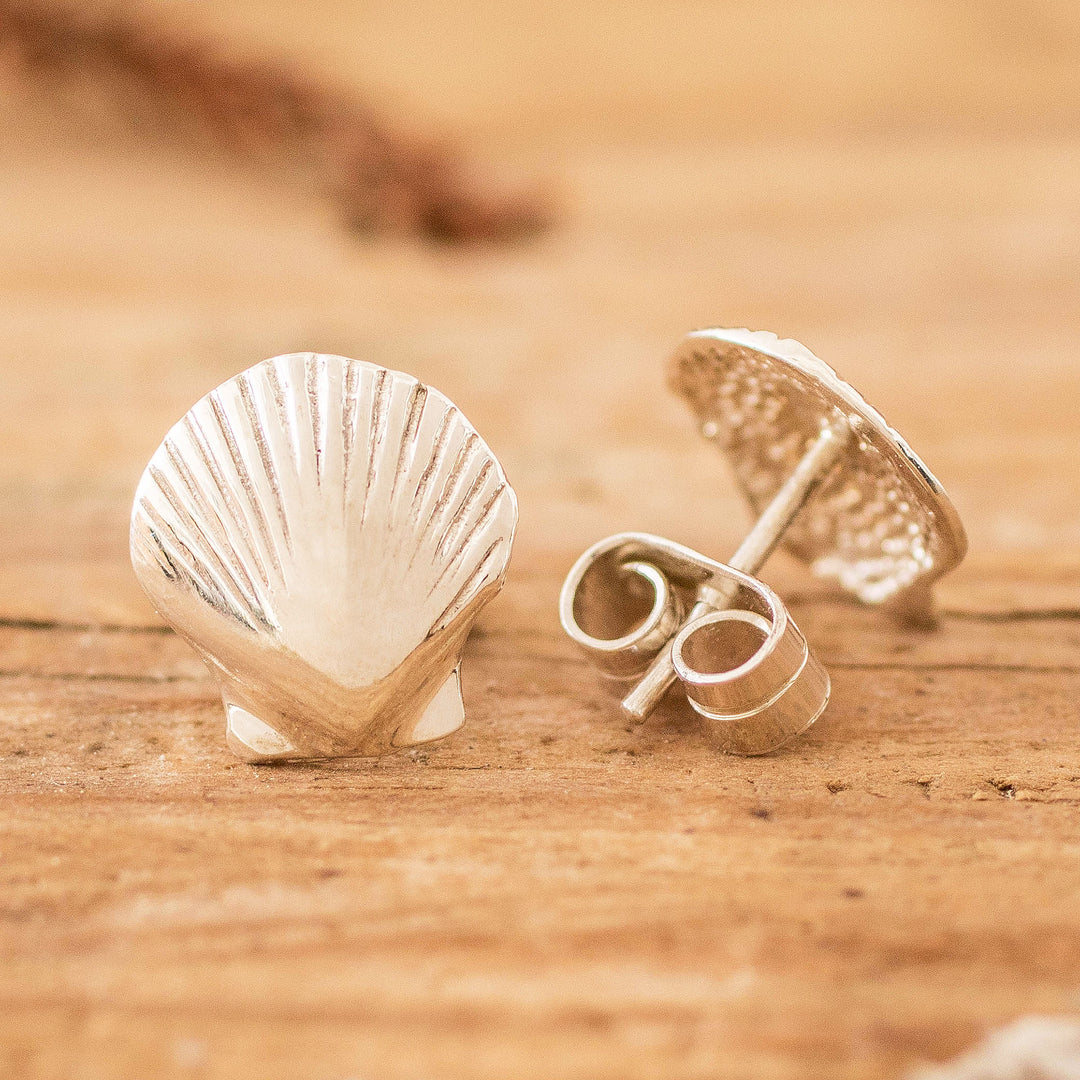 Seashell-Shaped High-Polished Sterling Silver Stud Earrings - Aquatic Mystery