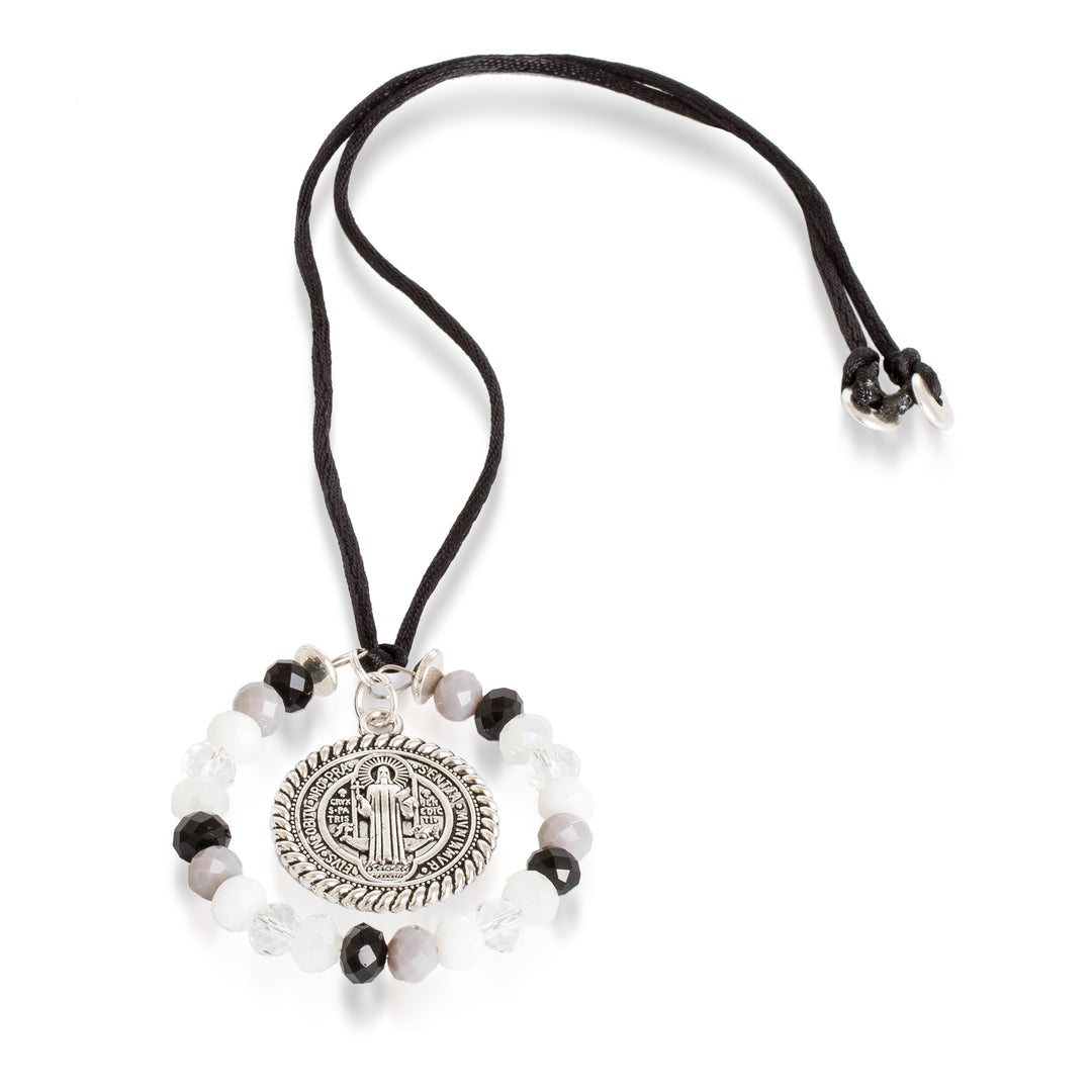 Black and White Crystal Beaded Saint Benedict Suncatcher - Saint Benedict in Elysium