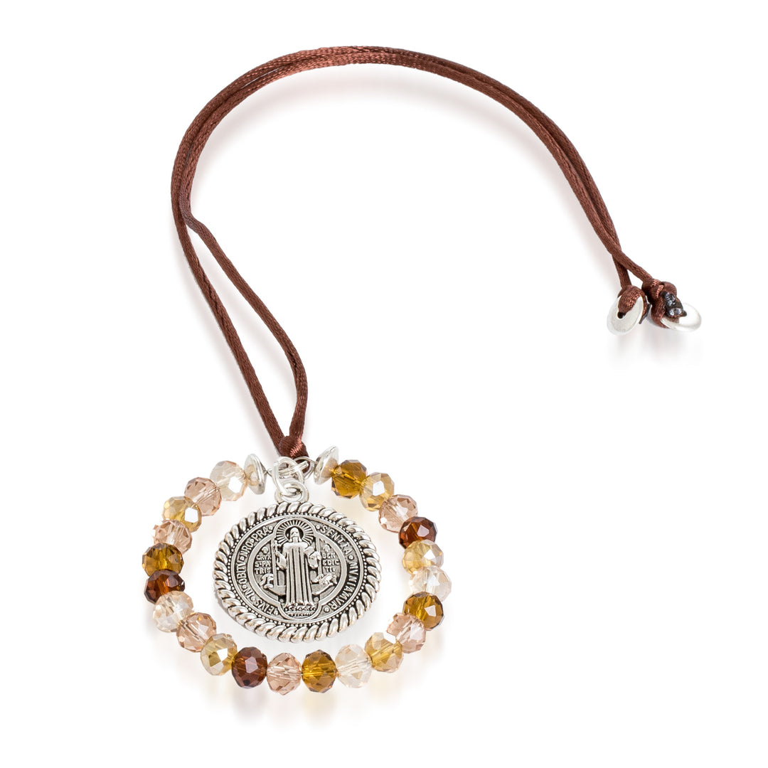 Crystal and Pewter Saint Benedict Suncatcher in Earthy Hues - Saint Benedict in Earth