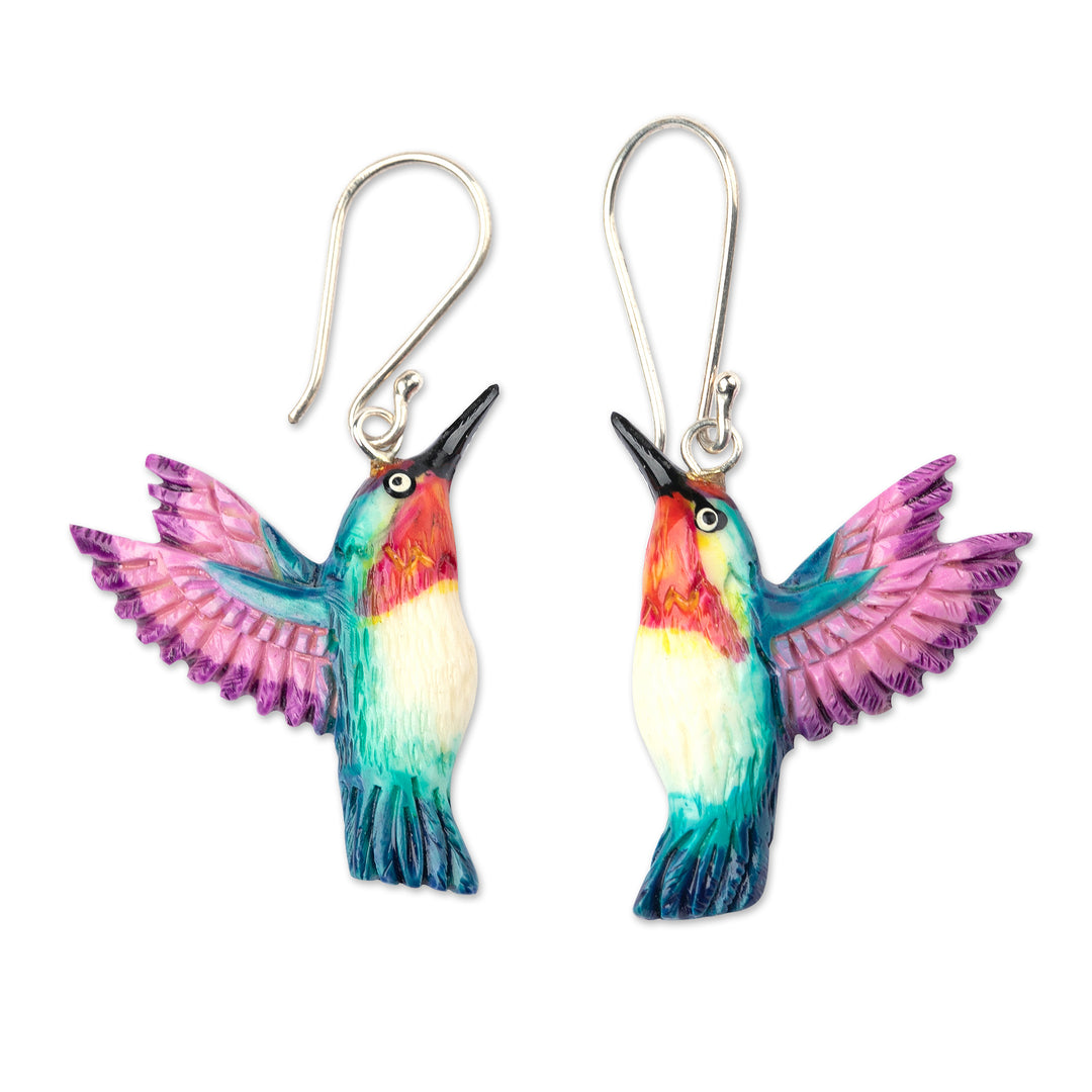 Hand-Painted Hummingbird Dangle Earrings in Teal and Purple - Magical Feathers