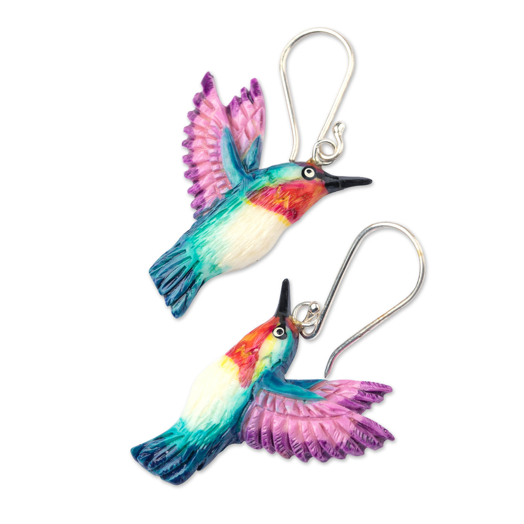 Hand-Painted Hummingbird Dangle Earrings in Teal and Purple - Magical Feathers