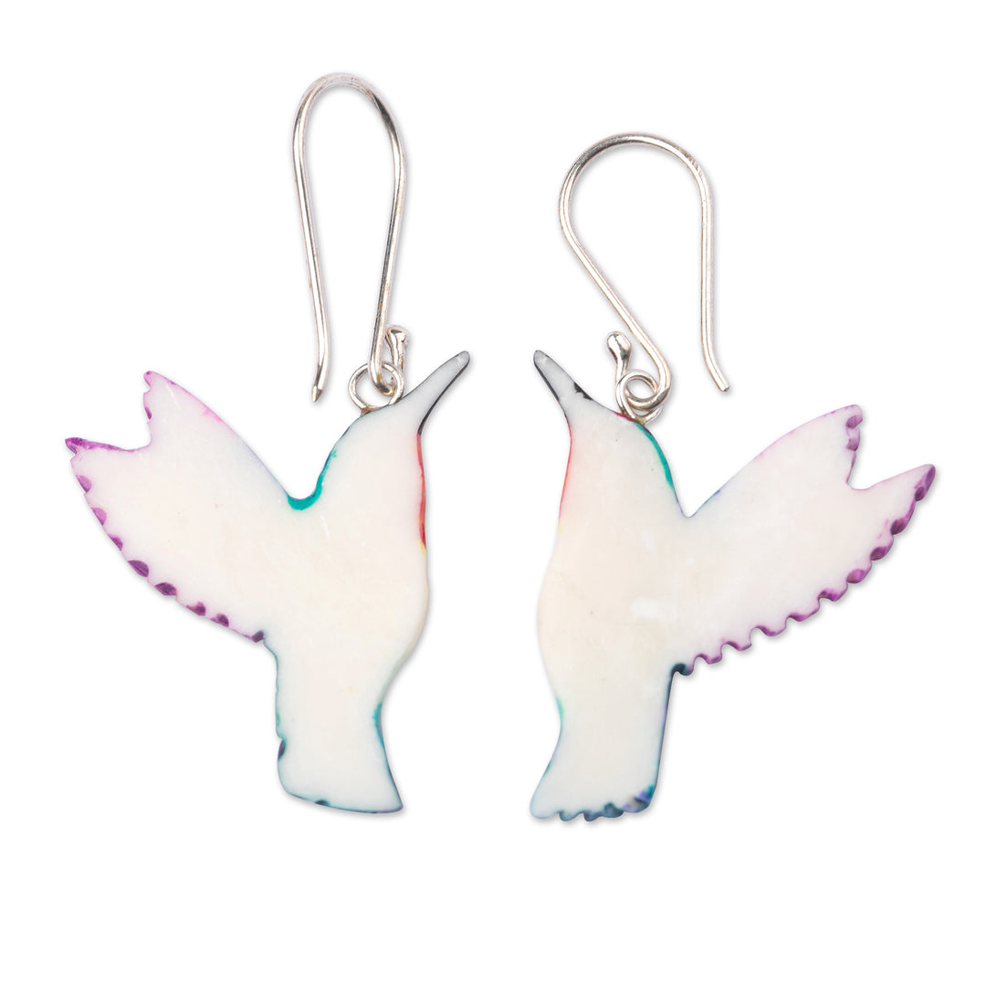 Hand-Painted Hummingbird Dangle Earrings in Teal and Purple - Magical Feathers