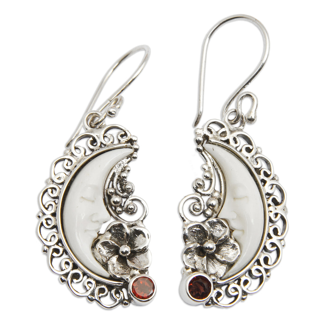 Silver Garnet Dangle Earrings with Hand-Carved Moon Motif - Dreaming Moon