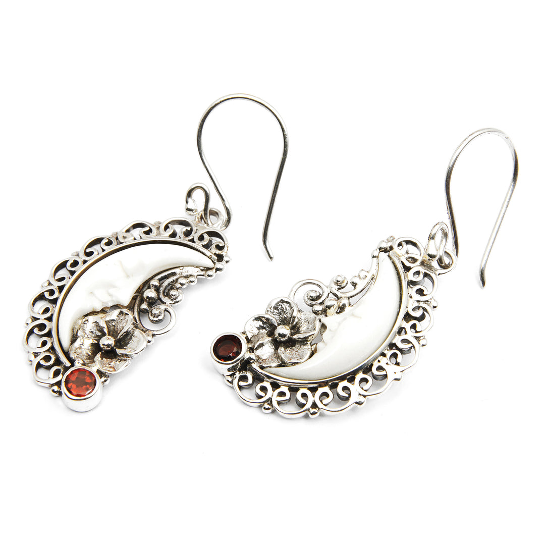 Silver Garnet Dangle Earrings with Hand-Carved Moon Motif - Dreaming Moon