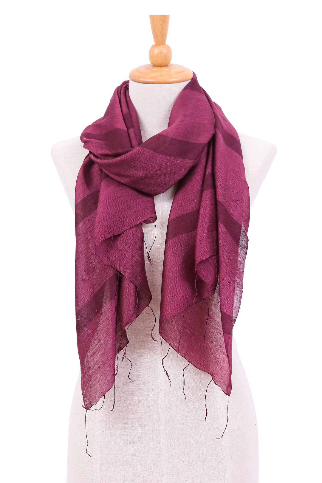 Striped Bordeaux Cotton and Silk Blend Scarf with Fringes - Bordeaux Touch