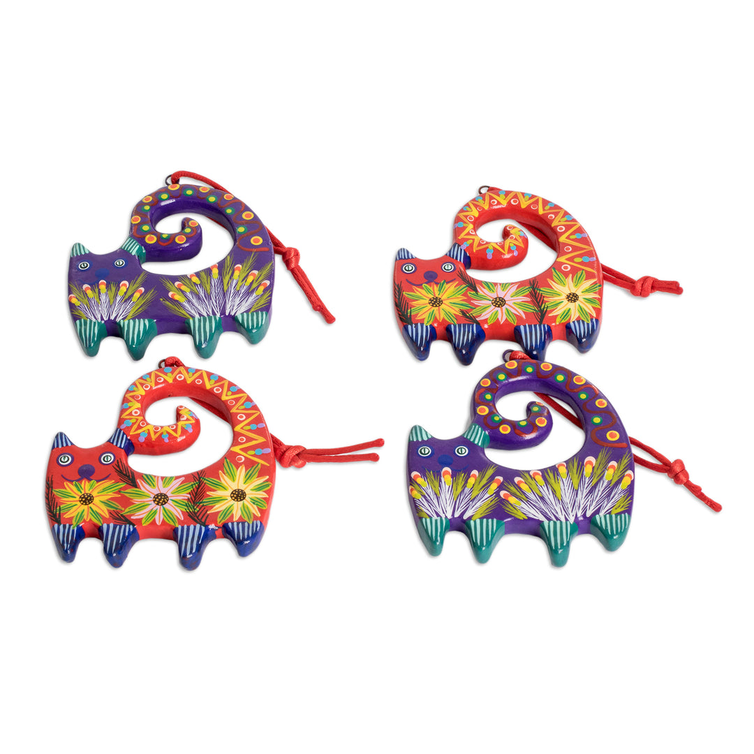 4 Hand-Painted Cat-Shaped Ceramic Ornaments from Guatemala - Celebration Cats