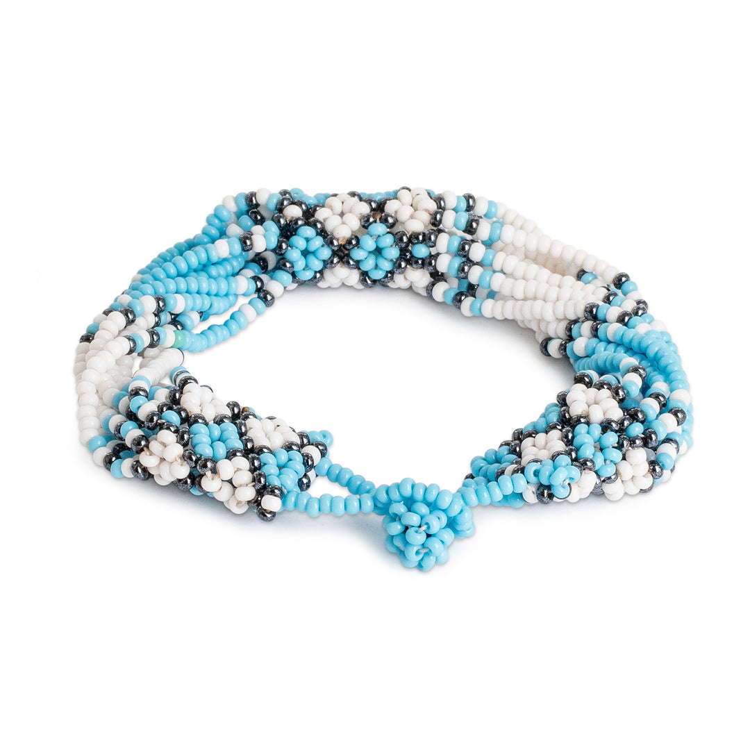 Handmade Blue and White Glass Beaded Wristband Bracelet - Flower Harmony in Heaven