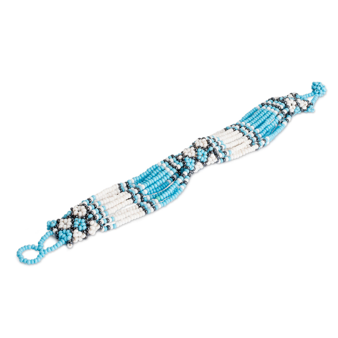 Handmade Blue and White Glass Beaded Wristband Bracelet - Flower Harmony in Heaven