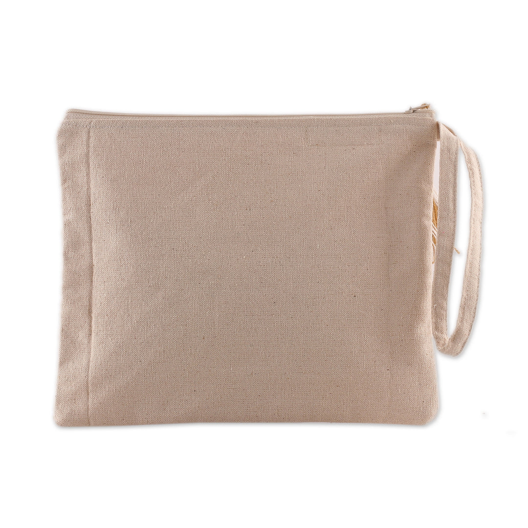 Floral Beige and Ivory Embroidered 100% Cotton Cosmetic Bag - Tranquil Spring