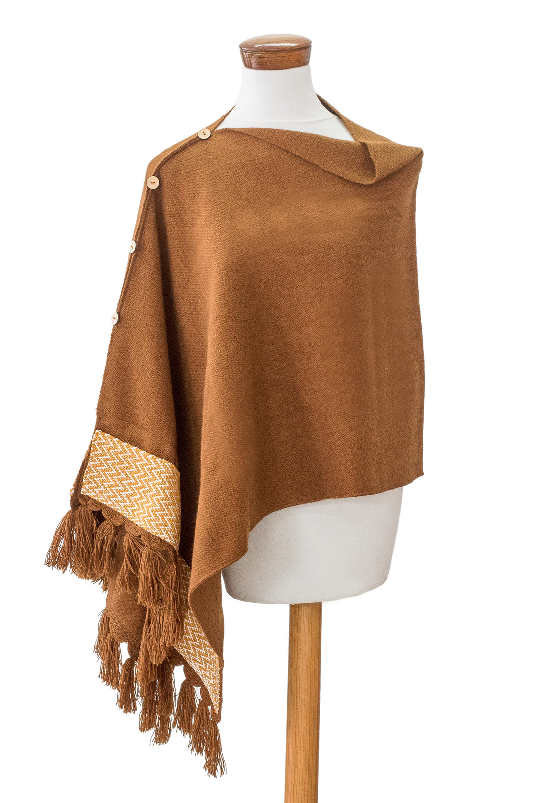 Handloomed Acrylic Cotton Poncho with Geometric Accents - Sepia Zigzag