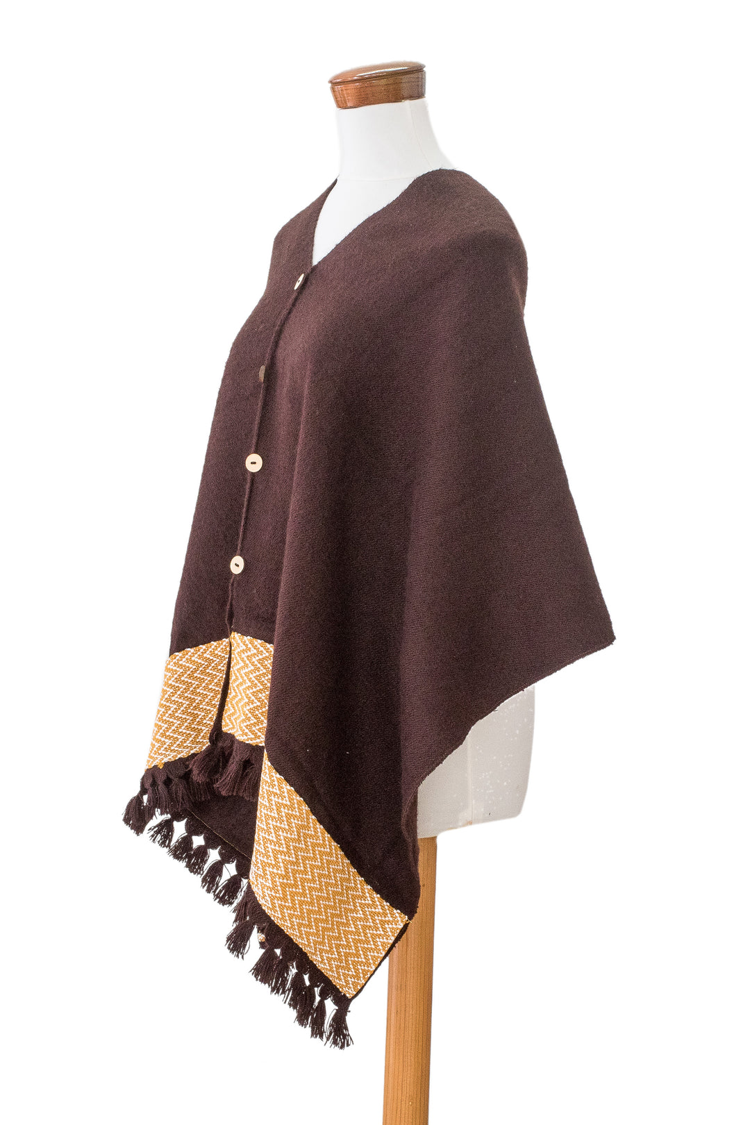 Chocolate-Hued Handwoven Poncho with Wooden Buttons - Chocolate Zigzag