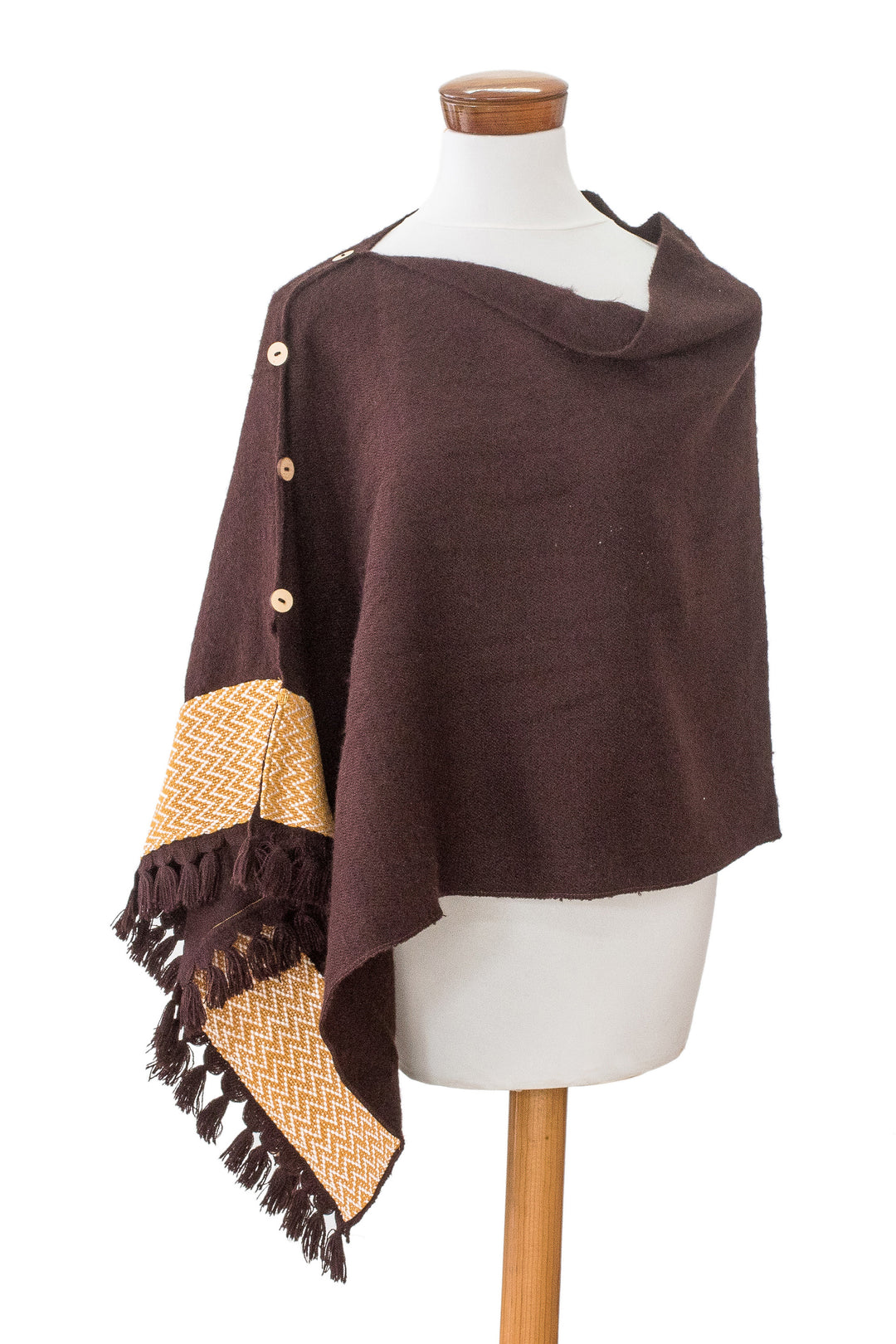 Chocolate-Hued Handwoven Poncho with Wooden Buttons - Chocolate Zigzag