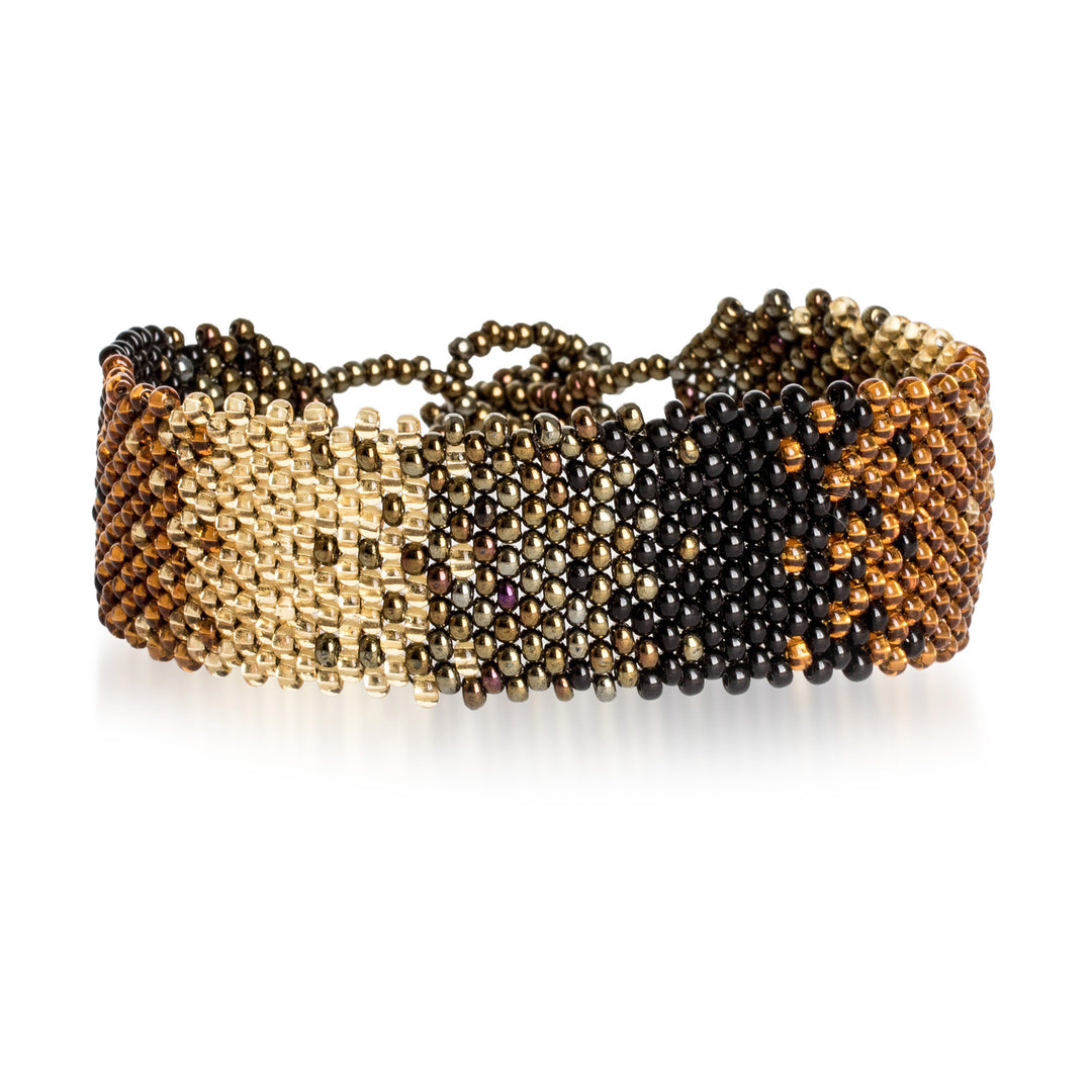 Black Bronze and Golden-Hued Adjustable Wide Beaded Bracelet - Shimmering Gleams