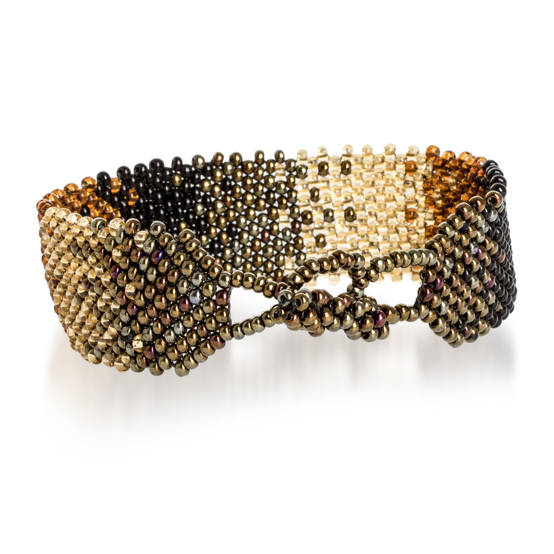 Black Bronze and Golden-Hued Adjustable Wide Beaded Bracelet - Shimmering Gleams