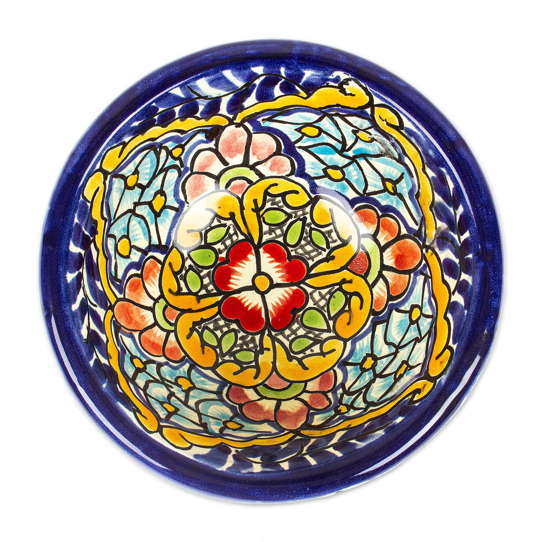 Spring-Themed Blue and Yellow Ceramic Pet Bowl from Mexico - Spring in Hidalgo