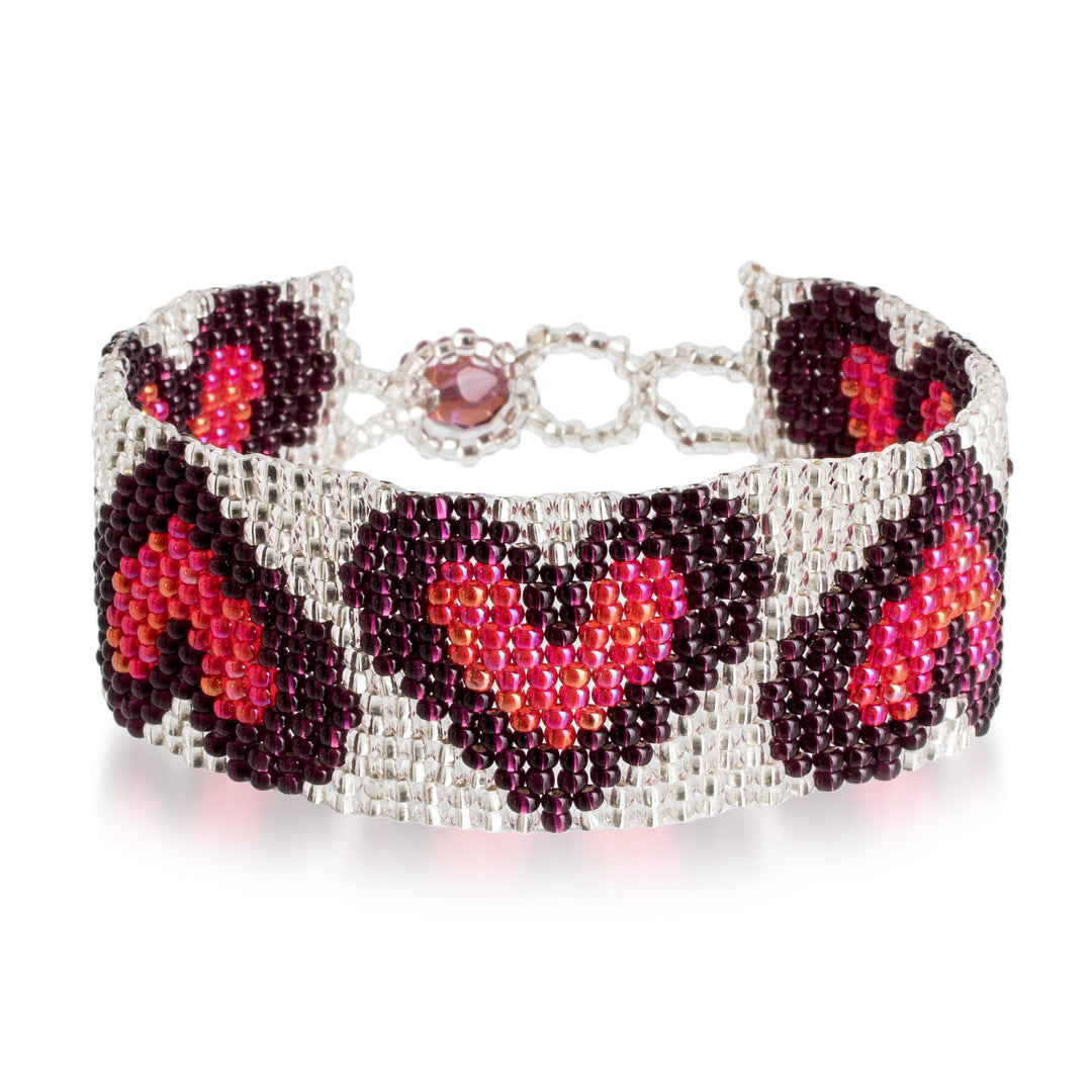 Handmade Red Purple Silver-Hued Heart-Themed Beaded Bracelet - Purple Queen of Hearts