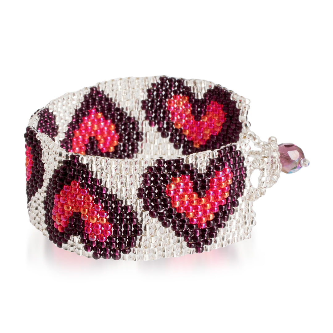 Handmade Red Purple Silver-Hued Heart-Themed Beaded Bracelet - Purple Queen of Hearts