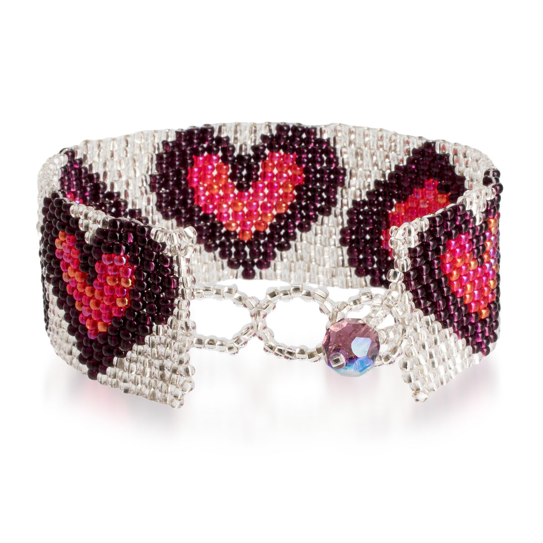 Handmade Red Purple Silver-Hued Heart-Themed Beaded Bracelet - Purple Queen of Hearts