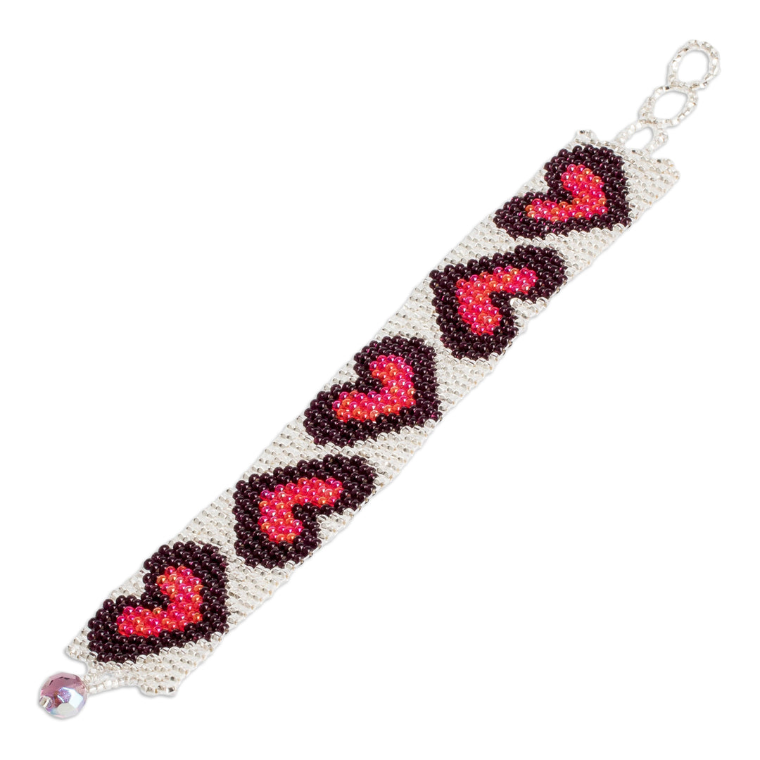 Handmade Red Purple Silver-Hued Heart-Themed Beaded Bracelet - Purple Queen of Hearts