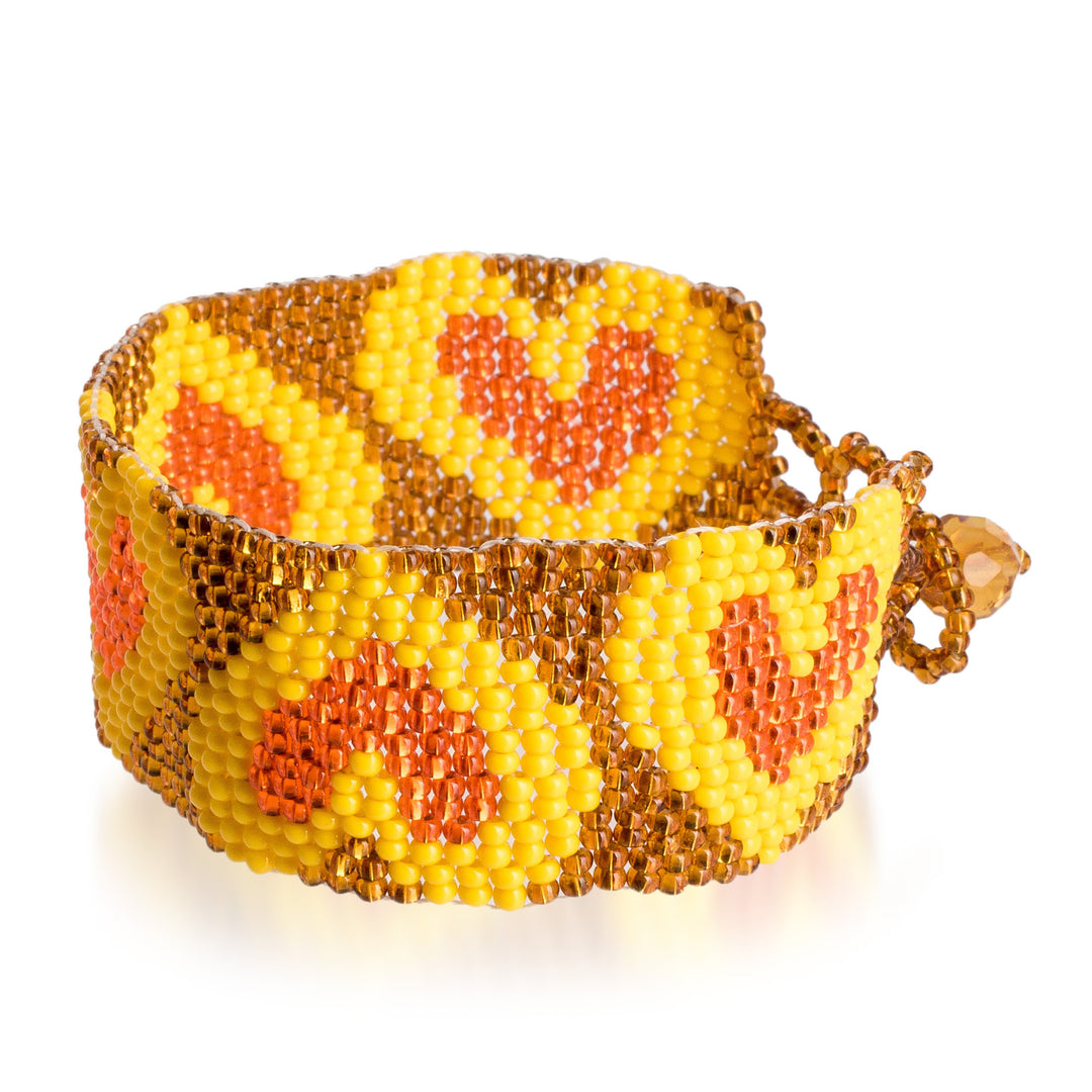 Yellow Orange Golden-Hued Beaded Bracelet with Heart Design - Yellow Queen of Hearts