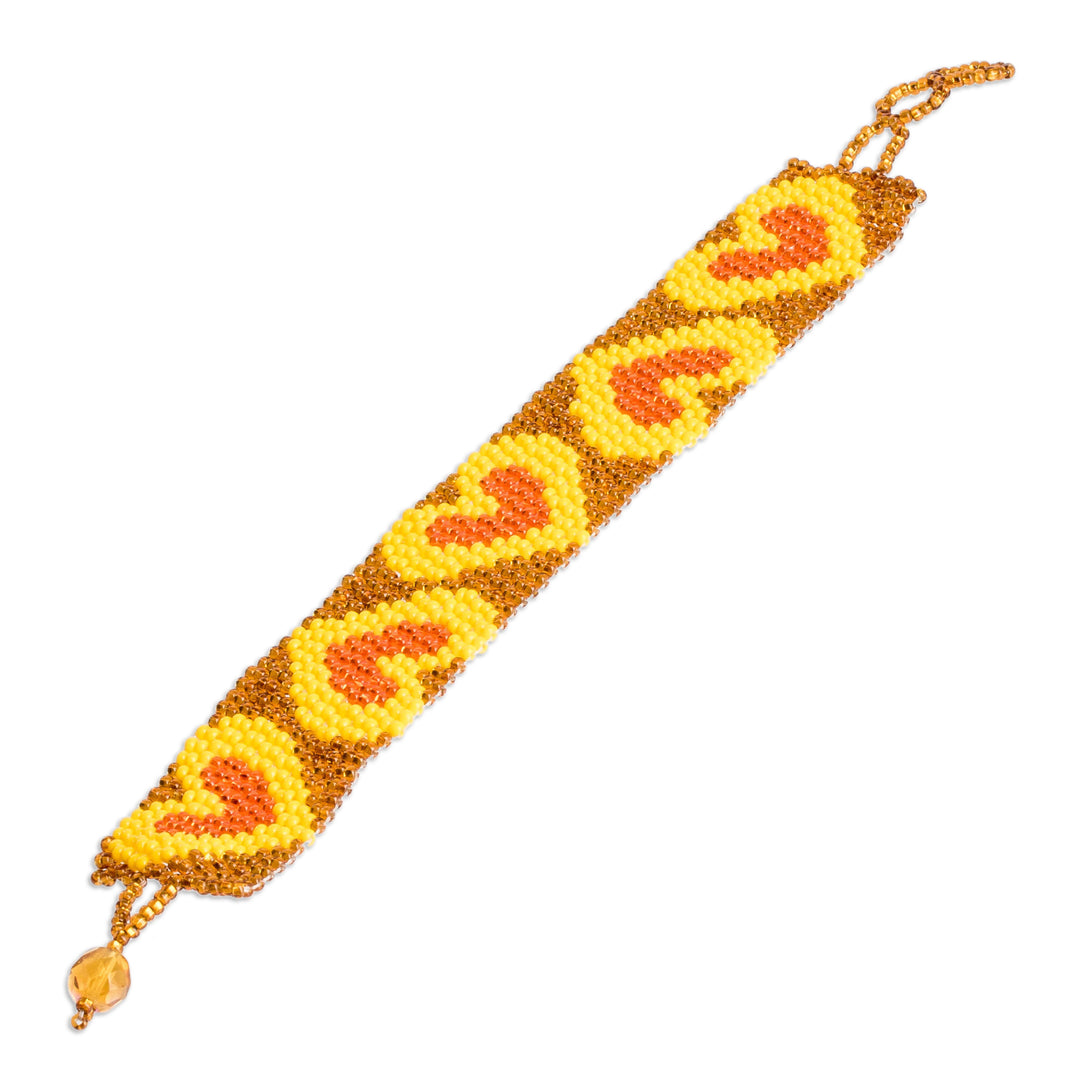 Yellow Orange Golden-Hued Beaded Bracelet with Heart Design - Yellow Queen of Hearts