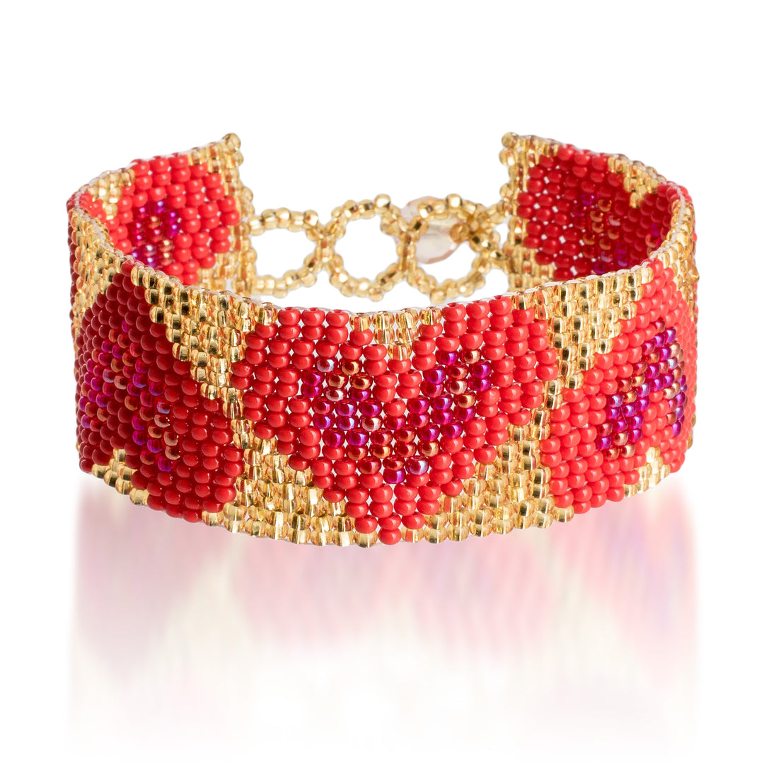 Handcrafted Red Golden-Hued Beaded Bracelet with Heart Motif - Golden Queen of Hearts