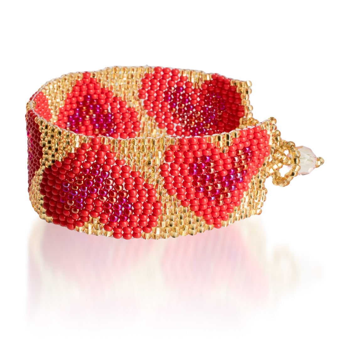 Handcrafted Red Golden-Hued Beaded Bracelet with Heart Motif - Golden Queen of Hearts