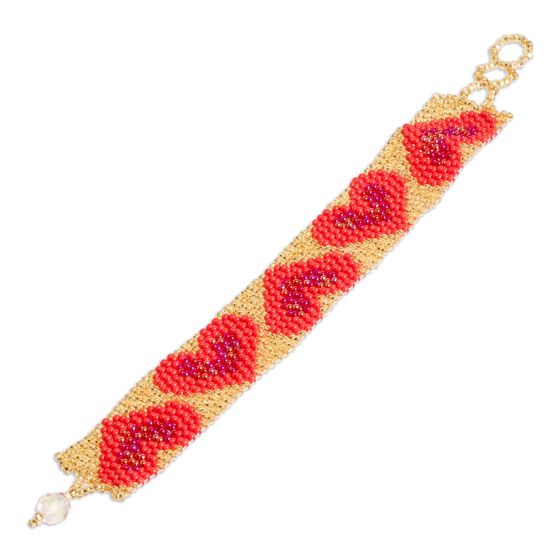 Handcrafted Red Golden-Hued Beaded Bracelet with Heart Motif - Golden Queen of Hearts