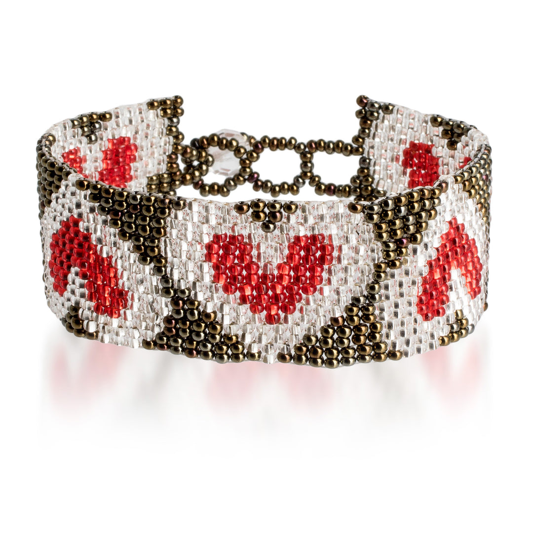 Adjustable Bronze Red and Silver-Hued Beaded Heart Bracelet - Red Queen of Hearts