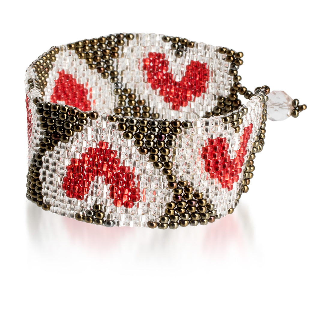 Adjustable Bronze Red and Silver-Hued Beaded Heart Bracelet - Red Queen of Hearts