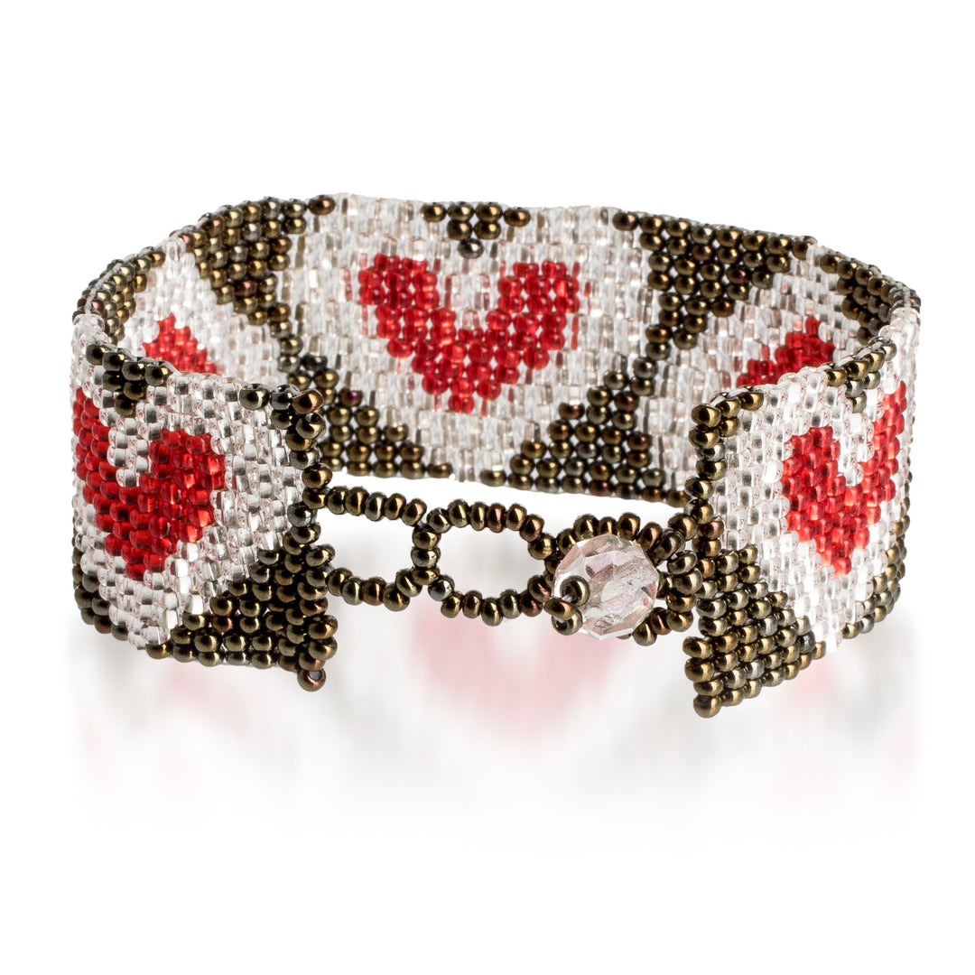 Adjustable Bronze Red and Silver-Hued Beaded Heart Bracelet - Red Queen of Hearts