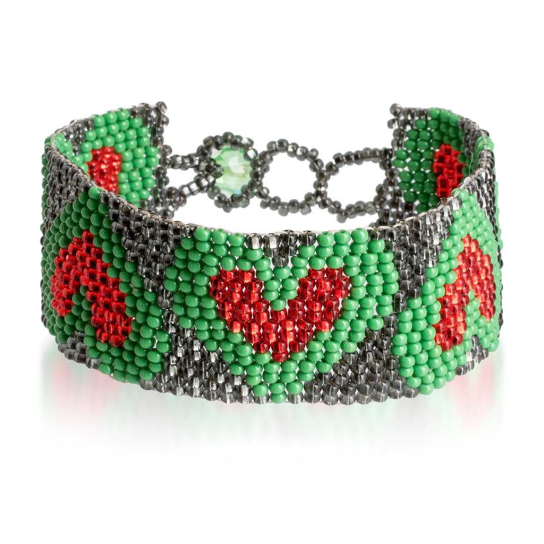 Adjustable Grey Red Green Beaded Bracelet with Heart Theme - Green Queen of Hearts
