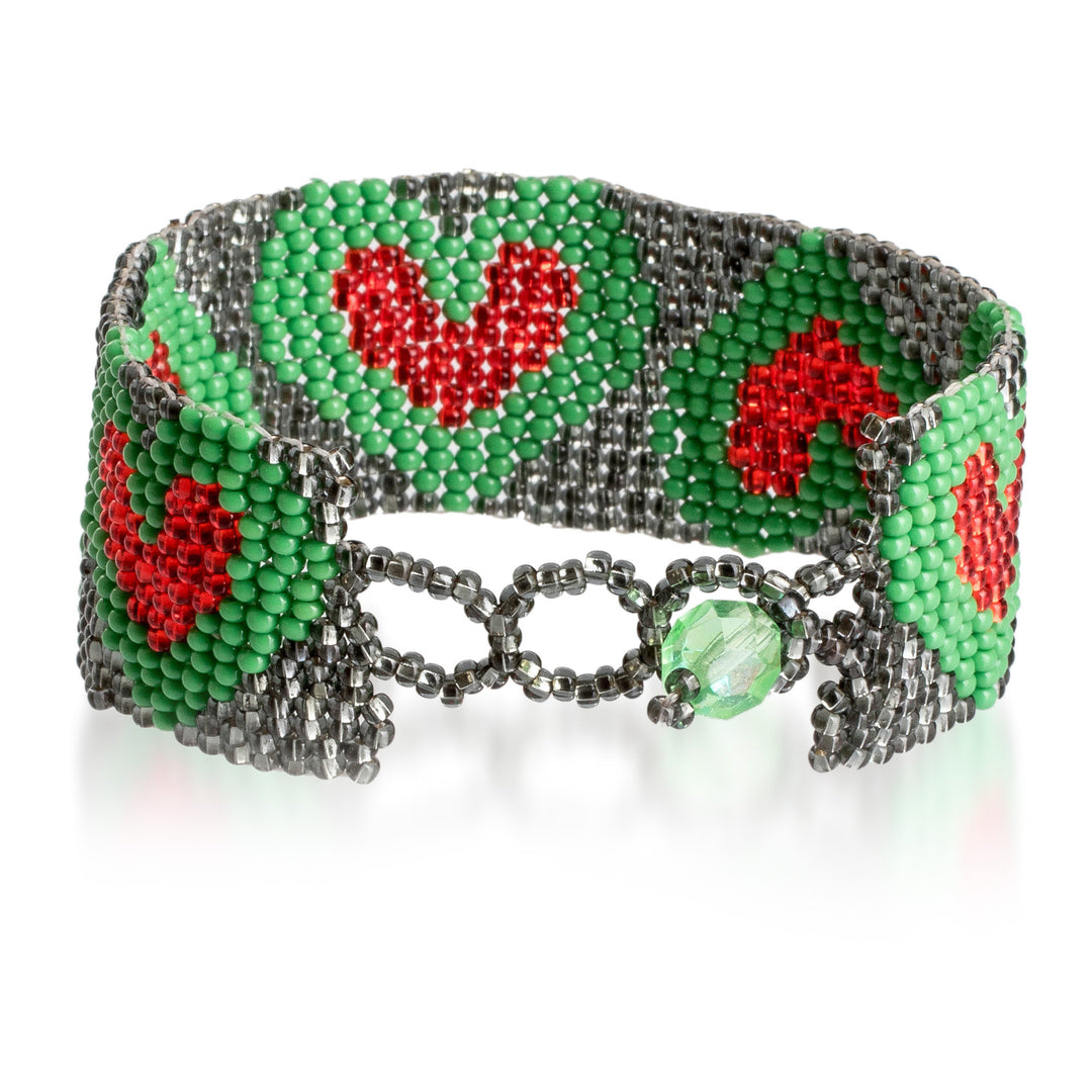 Adjustable Grey Red Green Beaded Bracelet with Heart Theme - Green Queen of Hearts