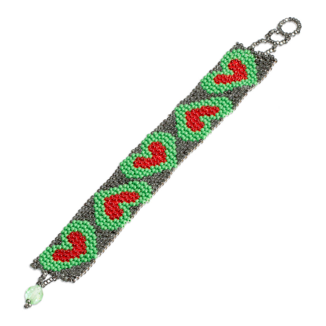 Adjustable Grey Red Green Beaded Bracelet with Heart Theme - Green Queen of Hearts