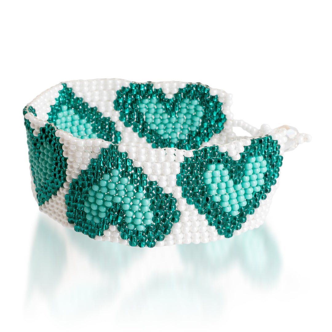 Adjustable Heart-Themed Beaded Bracelet in Aqua Teal White - Aqua Queen of Hearts