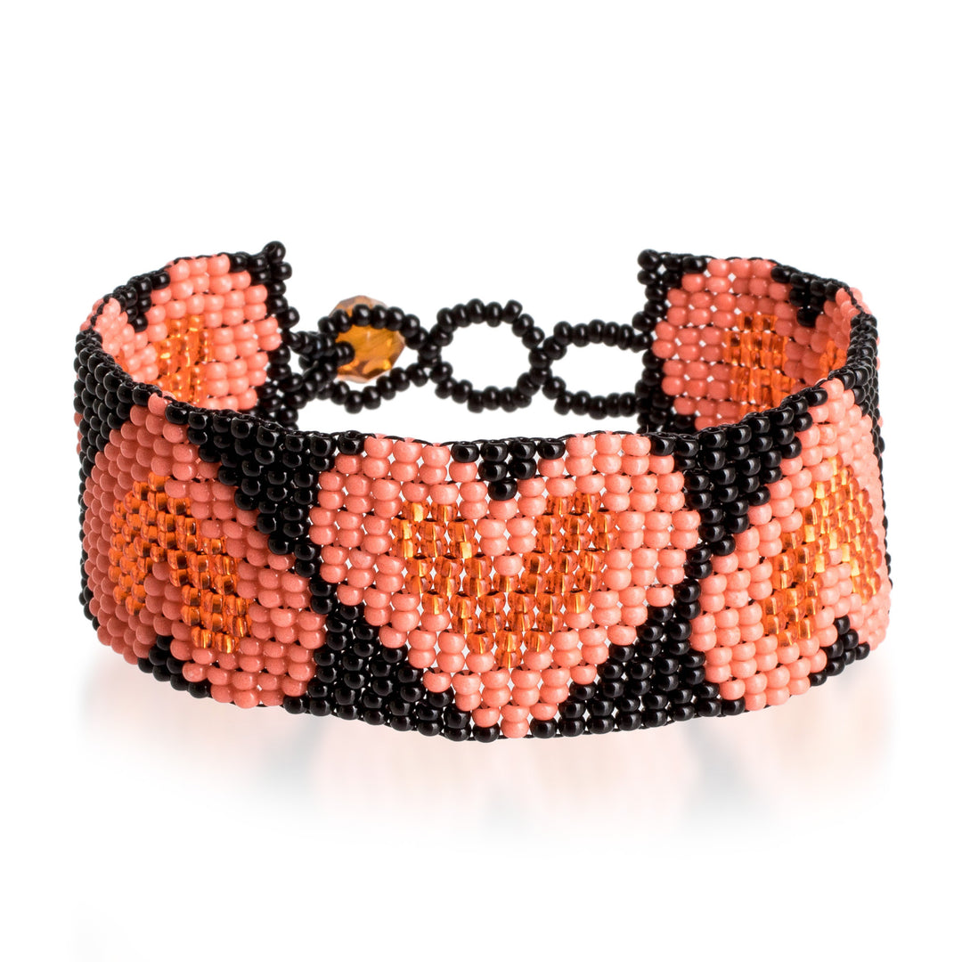 Handmade Black Pink Orange Beaded Heart Wristband Bracelet - Pink Queen of Hearts