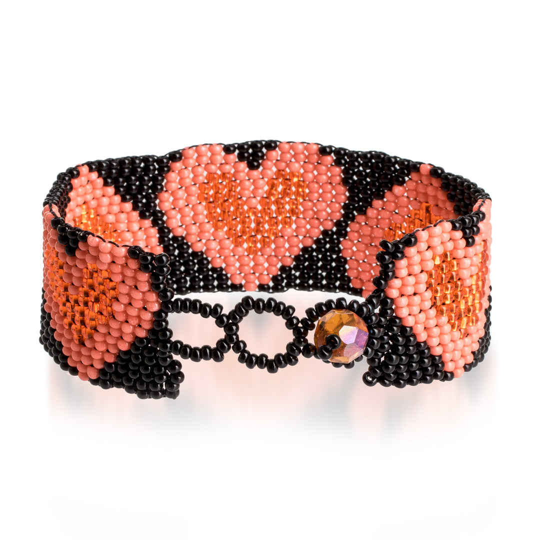Handmade Black Pink Orange Beaded Heart Wristband Bracelet - Pink Queen of Hearts