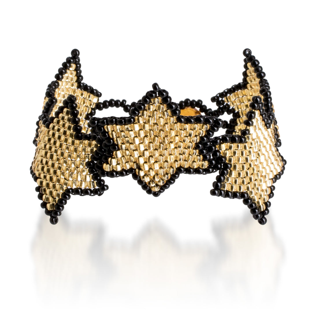 Black Golden-Toned Beaded Wristband Bracelet with Star Theme - Amber Starlight