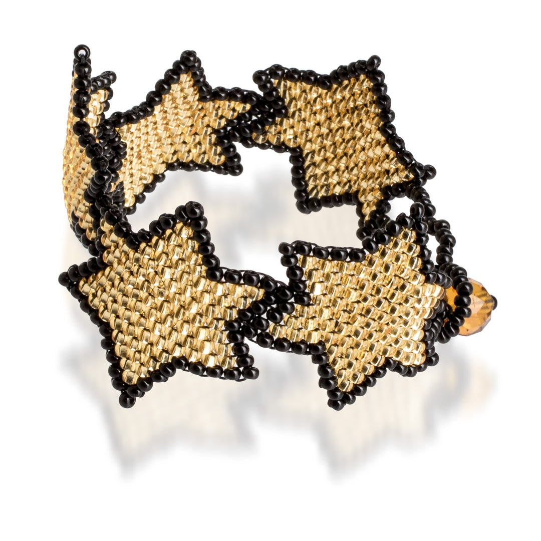 Black Golden-Toned Beaded Wristband Bracelet with Star Theme - Amber Starlight