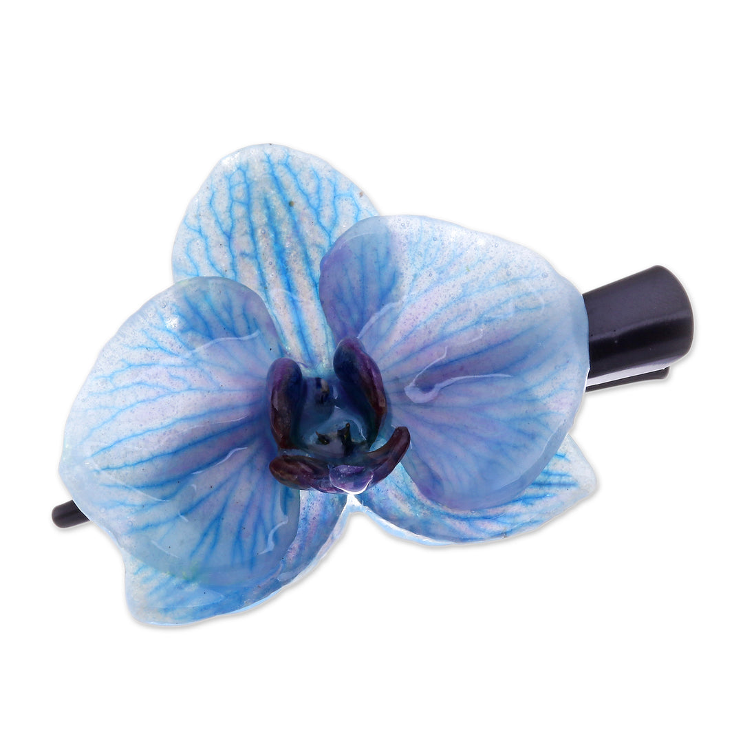 Floral Resin-Coated Blue Orchid Stainless Steel Hair Clip - Winter Fantasy