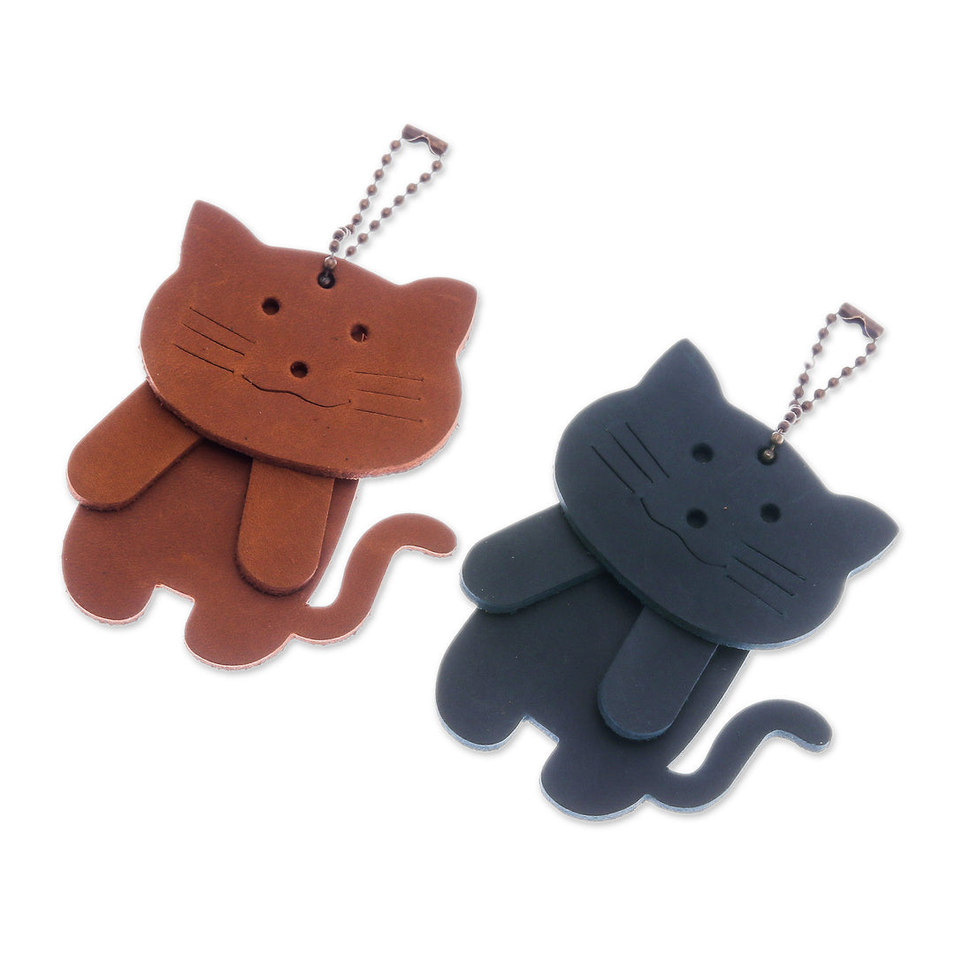 Two Brown and Teal Leather Cat Keychains with Brass Chains - Charming Kitties