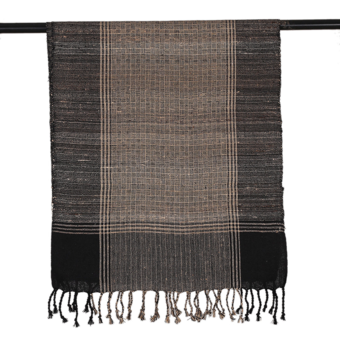 Handwoven Plaid-Patterned Black and Beige Silk Scarf for Men - Midnight Gallant