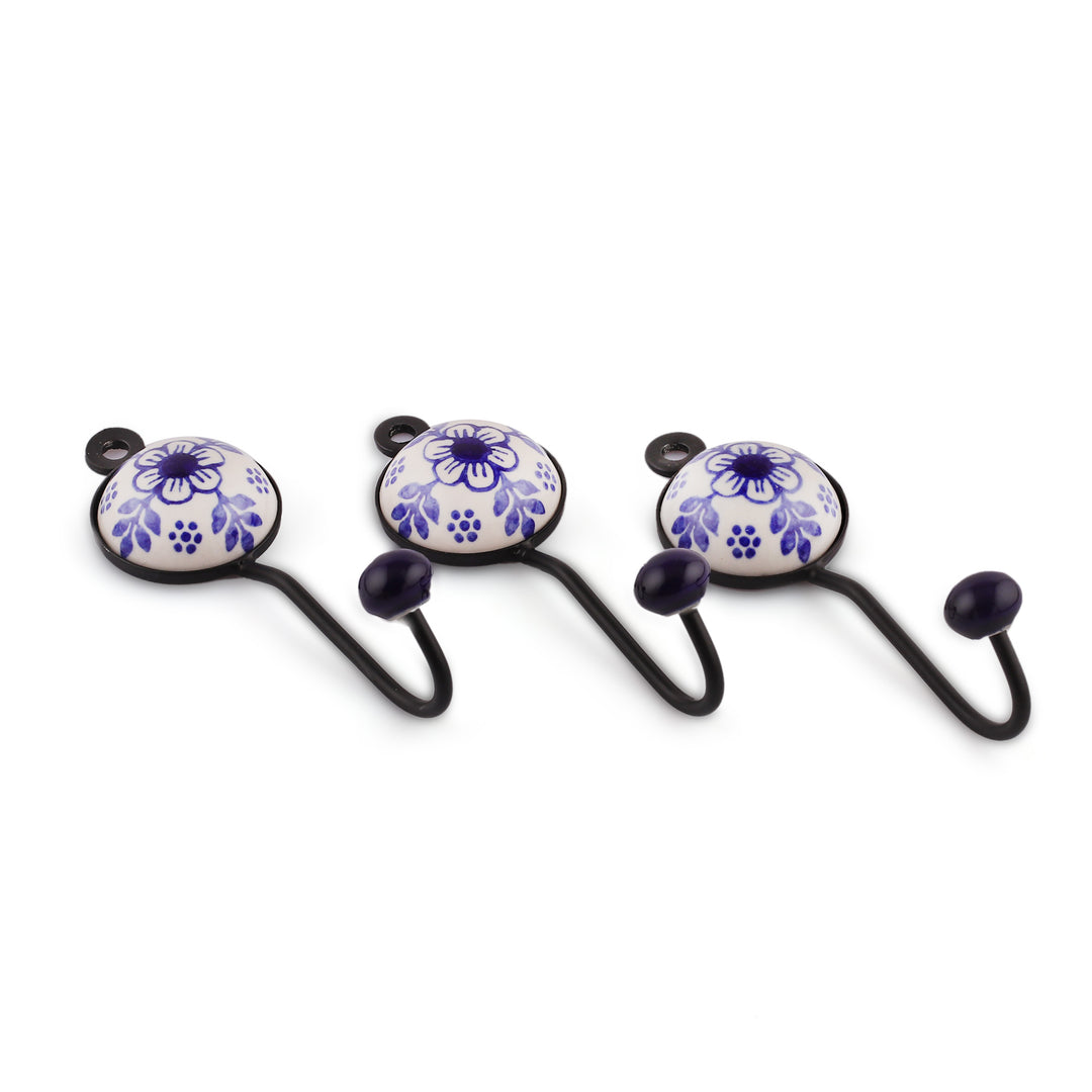 Spring-Themed Blue Ceramic and Brass 3-Piece Coat Hook Set - Primaveral House