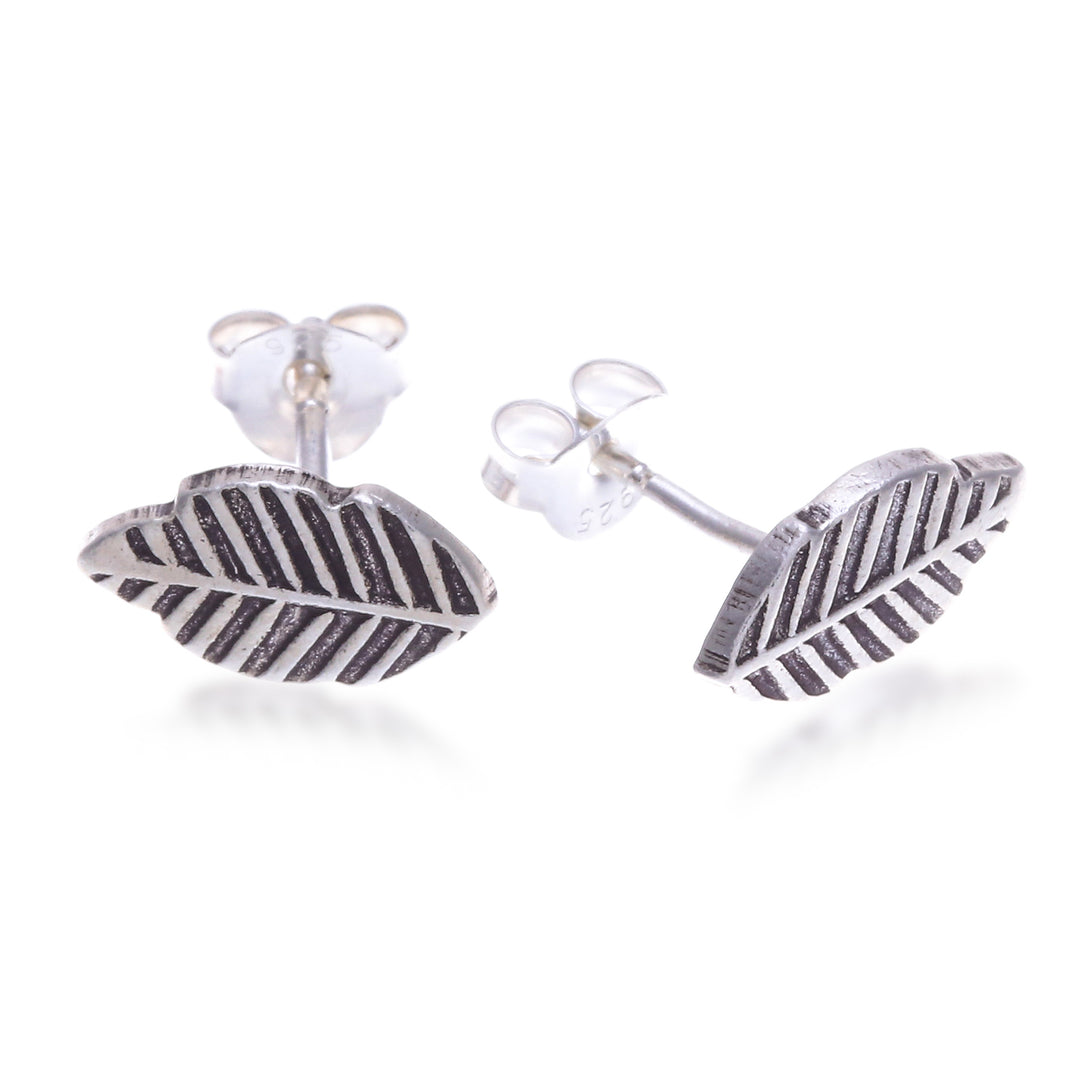 Leaf-Shaped Oxidized Polished Sterling Silver Stud Earrings - Classic Leaves