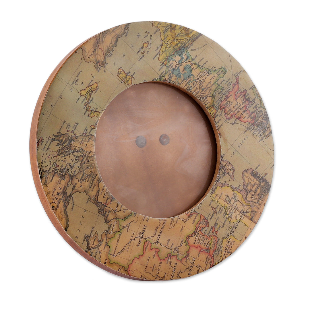 World Atlas-Themed Laminated Wood 4-Inch Round Photo Frame - Enchanting Cartography
