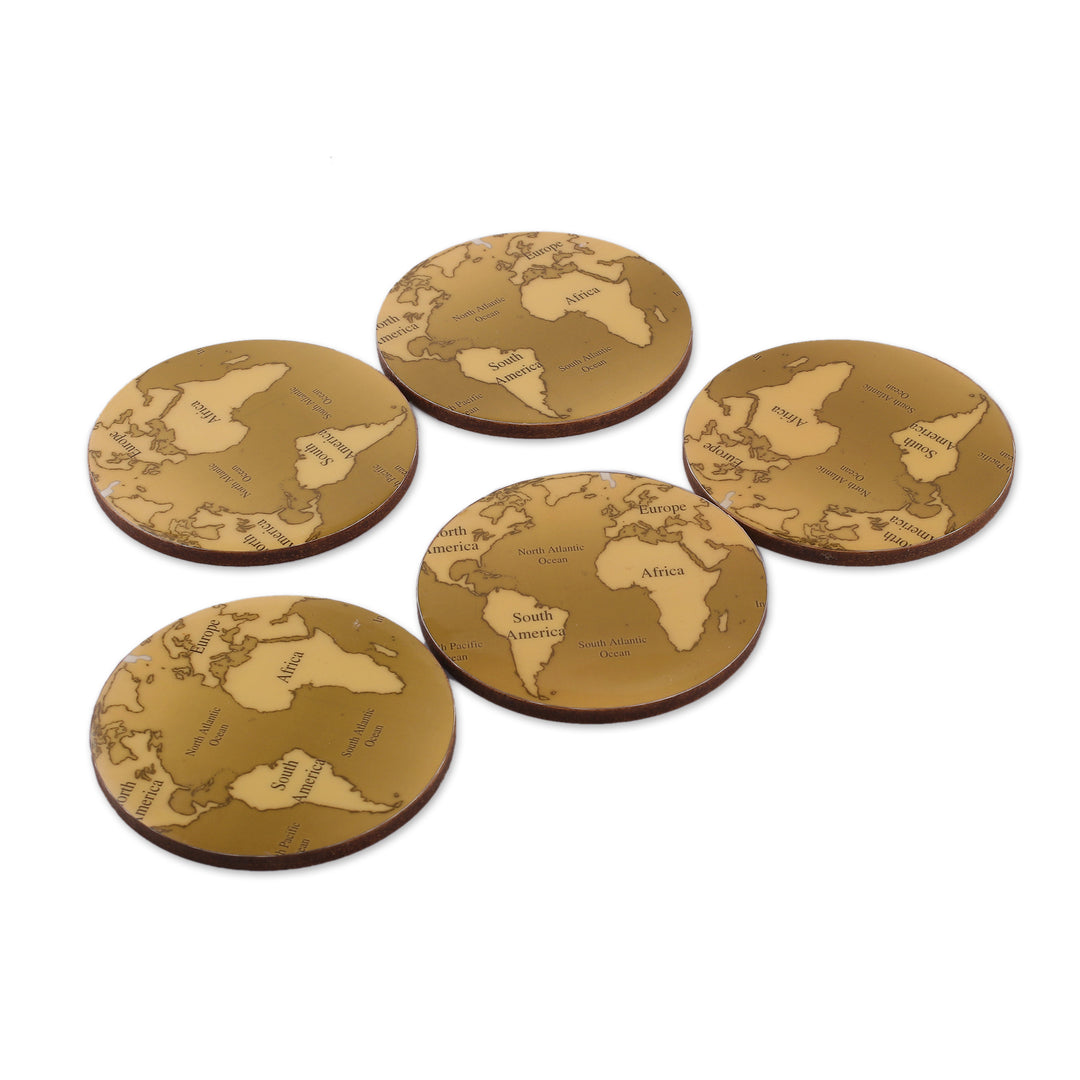 Set of 5 World Map-Themed Round Laminated Wood Coasters - Charming Cartography