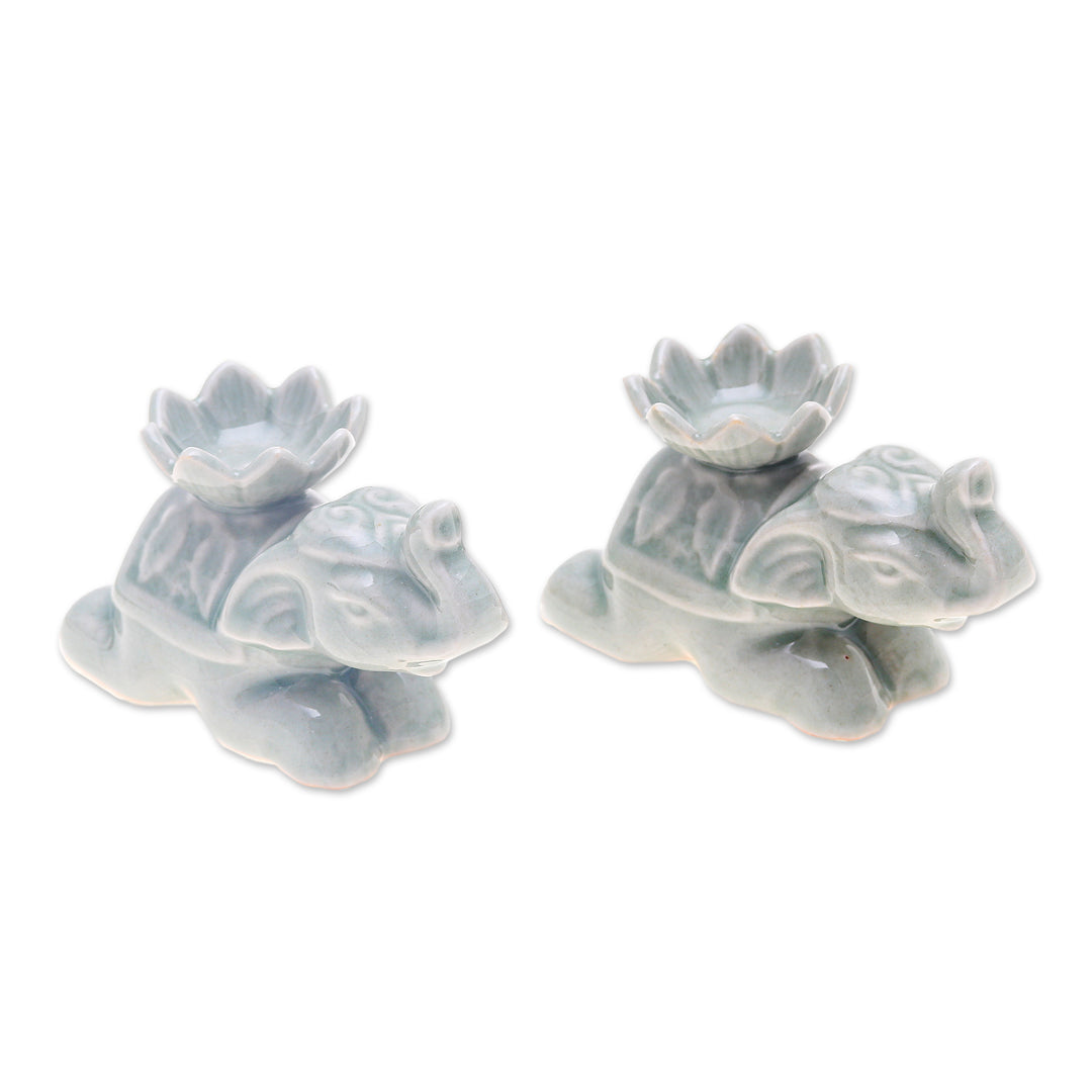 2 Elephant-Shaped Green Celadon Ceramic Incense Holders - Green Pachyderm Beauty