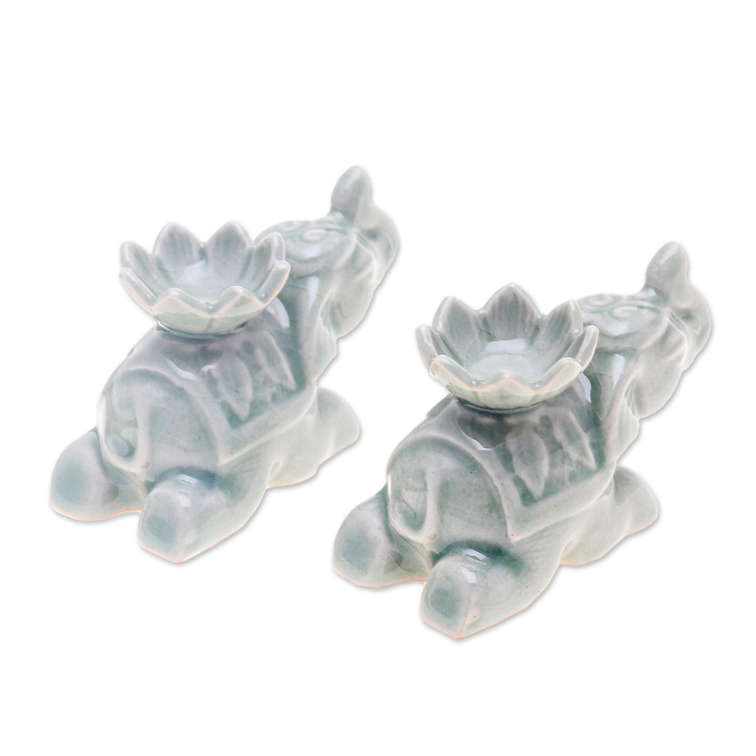 2 Elephant-Shaped Green Celadon Ceramic Incense Holders - Green Pachyderm Beauty