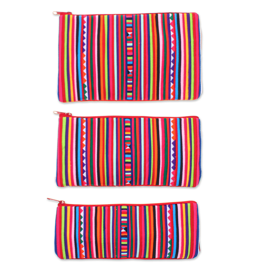 Hill Tribe-Inspired 3-Piece Striped Red Cosmetic Bag Set - Red Lisu